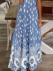 preiswerte Blumenkleider-Damen Maxikleid Sommerkleid A Linie Kleid Urlaub Lässig Strand Standard Passform Blumen Grafik Kurzarm V Ausschnitt Hellblau-Weiß Sommer Frühling