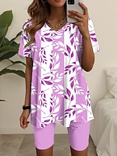 abordables Ensembles courts pour femmes-Femmes Mode T-shirt Ensembles de Shorts Manche Courte Col en V Fleuri Graphique Imprimé Décontracté Quotidien Bleu Violet Vert Été Coupe régulière