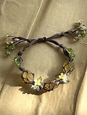 economico Bracciale da donna-Bracciale da donna fatto a mano con pietre preziose floreali – perline di cristallo naturale, stile boho regolabile, ideale per abbigliamento casual, regali e outfit ispirati alla natura