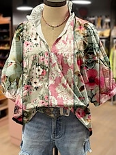 voordelige Dames Boho Tops-Dames Overhemd Bloemig Stijlvol Modern Boho Halve mouw V-hals Normale tops Dagelijks Feestdagen Afdrukken Blozend Roze Marineblauw blauw Groen Khaki Zomer