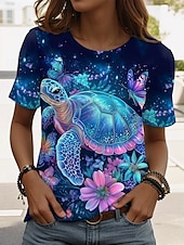 abordables T-shirt Animaux-Femmes T-shirt Graphique Animal Tortue de mer ancien Élégant Classique Manche Courte Col ras du cou Col rond Hauts Réguliers Quotidien Week-end Imprimé Blanche Bleu Roi Bleu Vert Blanc Ecru Ét