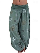 baratos perna larga e cintura alta-Mulheres Calças Calças Harem Calça Palazzo Moda Boho Comprimento total Cintura Média Imprimir Cintura elástica Confortável Micro-Elástica Rua Roupa Diária Para Noite Preto Amarelo Verde Tropa Azul
