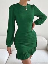 abordables Robe Simple-Femmes Mini Robe Robe fourreau Mode Moderne Vacances Sortir Week-end Coupe régulière Uni manche longue Col ras du cou Noir Vert Kaki Été