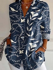 abordables Hauts Floraux-Femmes Chemise Fleuri Géométrique Élégant Moderne manche longue Col de chemise Hauts Réguliers Quotidien Fête Boutons Imprimé Rouge bleu marine Bleu Fuchsia Été