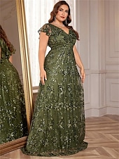 abordables VERT-Robe A-Ligne Grande Taille Élégante Robe Courbée Formelle Mariage Longue Traîne Manches Courtes Décolleté en V en Polyester Dos V avec Sequins 2025