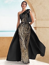 billige SVART-Svart slips mermaid  trumpet ettermiddagskjole elegant svart kjole formell bryllup gulvlengde ermeless en skulder stretch sateng med sløyfe(r) gull paljetter og blonde