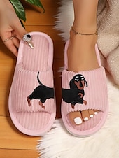 ieftine Flip-Flops de Damă-Papuci de casă pentru femei, din pluș, cu broderie de câini, sandale confortabile din catifea reiată, perfecți pentru relaxare și lenevire acasă