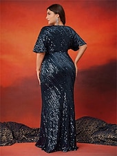 abordables BLEU-Robes élégantes grande taille sirène  trompette robe courbe robe de mariage longueur au sol à manches courtes en V en polyester avec sequins