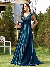 baratos AZUL-Vestidos de Quinceanera Linha A Vestido Elegante Casamento Formal Comprimento do Chão Sem Mangas Decote em V Cetim com Lantejoulas