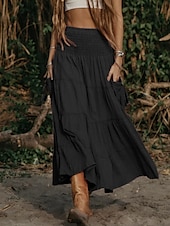 abordables Jupes unies-Femmes Jupe Évasé Occasionnel Maxi Taille Basse Jupes Uni Froncé Micro-Élastique Vacances Rue Noir Blanche Jaune Vert Véronèse Automne Coton
