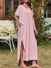 abordables Robe blanche-Femmes Robe maxi Robe d&#039;été Occasionnel Quotidien Coupe régulière Uni Manche Courte Col en V Noir Rose Claire Vert Été