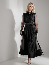 economico Lunghezza del pavimento-Abito camicia A-Line abito madre della sposa elegante semplice minimalista colletto camicia lunghezza a terra organza a maniche lunghe con cintura  nastro