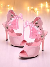 Недорогие Ночнаявечеринка-женские черные лакированные босоножки на шпильке со шнуровкой - сексуальные вырезы на высоком каблуке с пряжками для ночных клубов и вечеринок на крыше