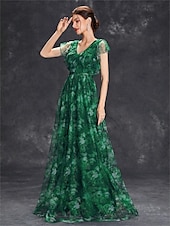 economico BLU-Abiti Quinceanera A-Line abito elegante formale lungo senza maniche scollatura a V in chiffon con stampa floreale