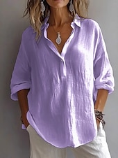 preiswerte Hemden-Damen Weiße Baumwollbluse Einfarbig Basic Lässig Langarm Hemdkragen Normale Oberteile Täglich Knöpfe Weiß Rosa Purpur Grün Sommer