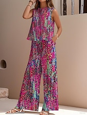 economico Set in cotone e lino-Completo due pezzi elegante da donna, stile streetwear, con camicetta, gilet, pantaloni, senza maniche, girocollo, casual, da lavoro, per attività all&#039;aperto, con stampa floreale, per le vacanze, vintage, per tutti i giorni, blu, viola, fucsia, estivo, ve