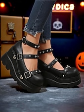 olcso 1980-as évek-női, 1980-as évekbeli fekete platform Mary Jane cipők csatokkal és szív alakú szegecsekkel – gótikus punk lolita stílus halloweenre, cosplayre és esti kiruccanásokra