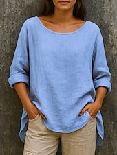 economico Camicie-Per donna Camicie di cotone e lino Tinta unica Essenziale Casual Manica Lunga Girocollo Top Regolari Quotidiano Arricciato Rosa Azzurro cielo Verde Cachi Autunno