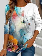 billige Dyrene tee-Dame T skjorte Blomstret Grafisk Dyr Årgang Stilfull Klassisk Langermet Crew-hals Vanlige topper Daglig Helg Trykt mønster Blå Sommer Vår