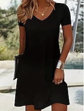 abordables Robes décontractées blanches-Femmes Mini Robe Robe T-Shirt Robe d&#039;Été Robe trapèze Vacances Occasionnel Chaussures de plage Sortir Plage Uni Manche Courte Col en V Noir Blanche Été