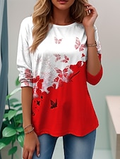 tanie Koszulka ze zwierzętami-Damskie Podkoszulek Graficzny Motyl Rośliny Zabytkowe Elegancki Klasyczny Długi rękaw Półgolf Zwykłe topy Codzienny Weekend Nadruk Czarny Czerwony Fioletowy Brązowy Zielony Lato Wiosna