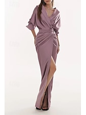 economico Lunghezza del pavimento-Abito da sposa a sirena/tromba, elegante, semplice e minimalista, con scollo a V, colletto a trapezio, lunghezza al pavimento, in raso elasticizzato, mezza manica, con dettagli arricciati e spacco