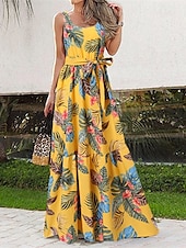 preiswerte Druck Blumen Kleider-Damen Langes Kleid Maxikleid Freizeitkleid Schwingkleid Sommerkleid Unterkleid Elegant Mode Modern Täglich Strand Wochenende Normale Passform Blume Ärmellos Rundhalsausschnitt Schwarz und Wei