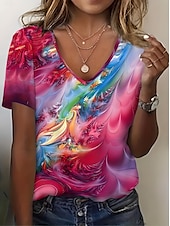 abordables T-shirt Art &amp; Design-Femmes T-shirt A Ombre Graphique Abstrait ancien Élégant Classique Manche Courte Col en V Hauts Réguliers Quotidien Sortir Week-end Imprimé Rouge Bleu Vert Été Printemps