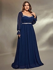 preiswerte BLAU-A-Linie Abendkleid Elegant Kleid Formell Hochzeit Bodenlang Langarm Quadrathals Chiffon mit Falten 2025