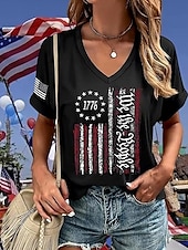 economico Magliette Giorno dell’Indipendenza-T-shirt patriottica da donna con grafica bandiera americana vintage stilosa classica a maniche corte collo a V regolare stampa quotidiana nero blu navy grigio scuro estate primavera