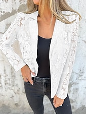 abordables Blazers y Trajes-Mujer chaqueta Transpirable Cómodo Encaje Retazos Casual Plano Oficina Calle Casual Ropa Cotidiana Frente Abierto Regular Cuello Vuelto Ajuste regular Manga Larga Ropa de calle Negro Blanco Verano