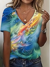 abordables T-shirt Art &amp; Design-Femmes T-shirt A Ombre Graphique Abstrait ancien Élégant Classique Manche Courte Col en V Hauts Réguliers Quotidien Sortir Week-end Imprimé Rouge Bleu Vert Été Printemps