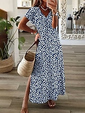 abordables Robes fleuries-Femmes Robe maxi Robe Décontractée Robe d&#039;Été Robe trapèze Élégant Vacances Occasionnel Fête Plage Coupe régulière Fleuri Graphique Manche Courte Col en V Blanche bleu marine Été Printemps
