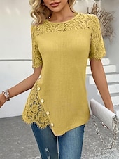 tanie Koronkowe topy-Damskie Koronkowa koszula Jednokolorowe Elegancki Codzienny Krótki rękaw Półgolf Zwykłe topy Codzienny Koronka Niejednolita całość Rumiany róż Fioletowy Złoty Zielony Khaki Lato