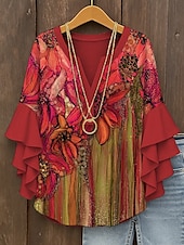 preiswerte Blumenoberteile-Damen Bluse Blumen Grafik Abstrakt Elegant Täglich Lässig Dreiviertelarm V Ausschnitt Normale Oberteile Täglich Ferien Druck Gelb Rosa Rote Blau Purpur Sommer Frühling Herbst