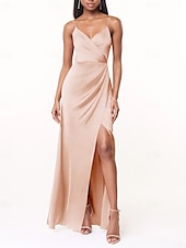cheap Bridesmaid Dresses-A-Line Bridesmaid Dress V Neck / Spaghetti Strap Sleeveless Elegant Floor Length Charmeuse with Split Front / Ruching