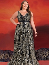 preiswerte SCHWARZ-A-Linie Plus Size Kleider Elegantes Kurvenkleid Formelles Hochzeitskleid Bodenlang Ärmellos V-Ausschnitt Spitze mit Pailletten 2025