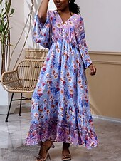 preiswerte Ausgefallene Kleider-Damen Langes Kleid Maxikleid Freizeitkleid Schwingkleid Boho-Kleid Westernkleid Elegant Mode Romantisch Outdoor Urlaub Party Normale Passform Blume Langarm V Ausschnitt Blau Frühling Herbst