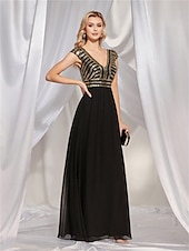 baratos PRETO-Vestidos Quinceanera A-Line Vestido Elegante Formal Comprimento de Chão Sem Mangas Decote V Chiffon Costas em V com Pregas