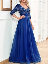 baratos AZUL-Vestido de Gala em A Vestido Elegante Formal Casamento Comprimento do Chão Manga 3/4 Decote em V Com Lantejoulas com Lantejoulas