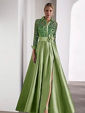 cheap GREEN-Green Blue  Embroidered A-Line Evening Gown Elegant Dress Formal Wedding Guest Floor Length Long Sleeve Shirt Collar Satin with Glitter Slit 2025
