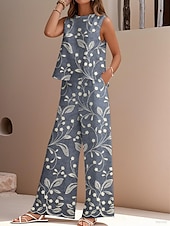 levne Sady-Dámské elegantní módní streetwear dvoudílné sety halenka vesta kalhoty kalhoty bez rukávů kulatý výstřih outdoor do práce ležérní květinový potisk dovolená denní sváteční modrá fialová šedá léto regular fit