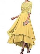 abordables Longueur du thé-Ligne A Robe de Mère de Mariée  Élégant Simple Col Bateau Asymétrique Polyester Demi Manches avec Couleur Unie 2025