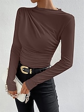 preiswerte Einfarbiges T-Shirt-Damen Bluse Einfarbig Elegant Stilvoll Basic Langarm Rundhalsausschnitt Normale Oberteile Täglich Gerafft Schwarz Weiß Braun Hellgrau Aprikose Sommer Frühling