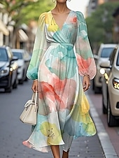 cheap Print Floral Dresses-Women&#039;s Midi Dress Casual Dress Print Dress Elegant Fashion Outdoor Party Holiday Regular Fit Flower Long Sleeve V Neck Pink Blue Purple Summer Spring