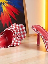 cheap Dress Sandals-Women&#039;s Gingham Bow Heeled Mules - Vintage Open Toe Slip-On Sandals for Casual Dates and Summer Outings