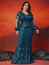 economico BLU-Abiti da Mare  Tromba Taglia Plus Elegante Abito Curve Formale per Matrimonio Lunghezza Della Terra Manica Lunga Collo A V In Paillettes con Paillettes 2025