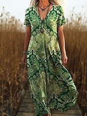 cheap Boho Dress-Women&#039;s Maxi Dress Sundress A Line Dress Vacation Casual Boho Going out Regular Fit Floral Graphic Paisley Short Sleeve V Neck Pink Blue Green Dark Blue Summer Spring