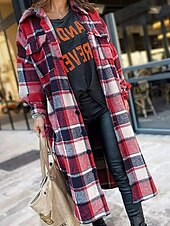 preiswerte Trenchcoats-Damen Trenchcoat Bequem Knöpfe Tasche Modern Streetstyle Karomuster Ausgehen Alltagstauglich Einreihig Lang Umlegekragen Normale Passform Langarm Oberbekleidung Rote Rosenrot Grau Herbst Winter