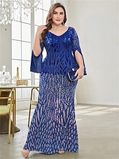 cheap CHAMPAGNE-Mermaid / Trumpet Plus Size Dresses Elegant Curve Dress Formal Wedding Floor Length Long Sleeve V Neck Polyester with Sequin